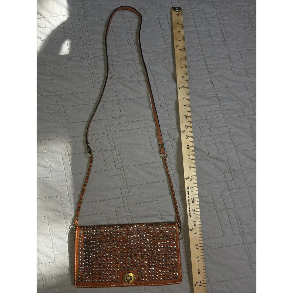 Cognac Brown Studded Leather Crossbody Bag Turn Lock Small Clutch Boho Western